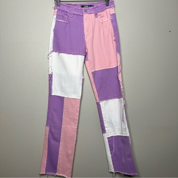 Jaded London Women Jeans 24" Lilac Patchwork Fray Hem Kidcore Boyfriend Fit Pink - Picture 1 of 12